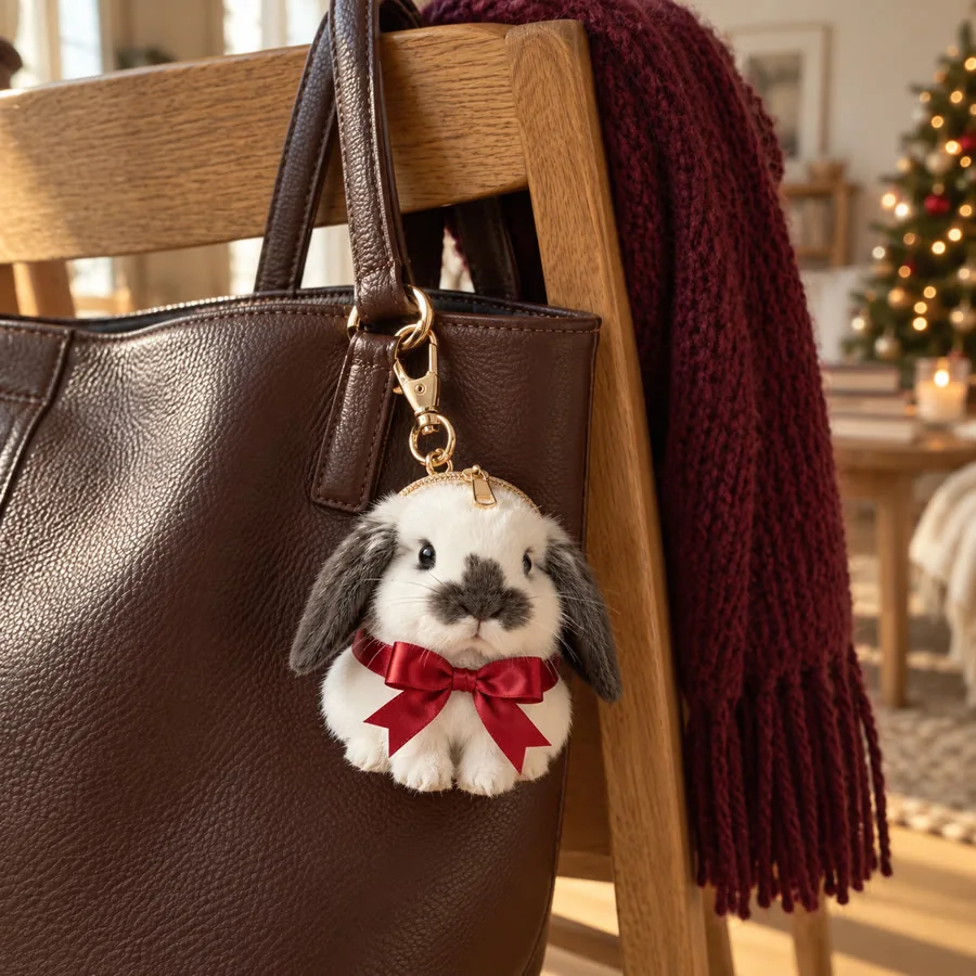 Bunny charm attached to a chocolate brown tote