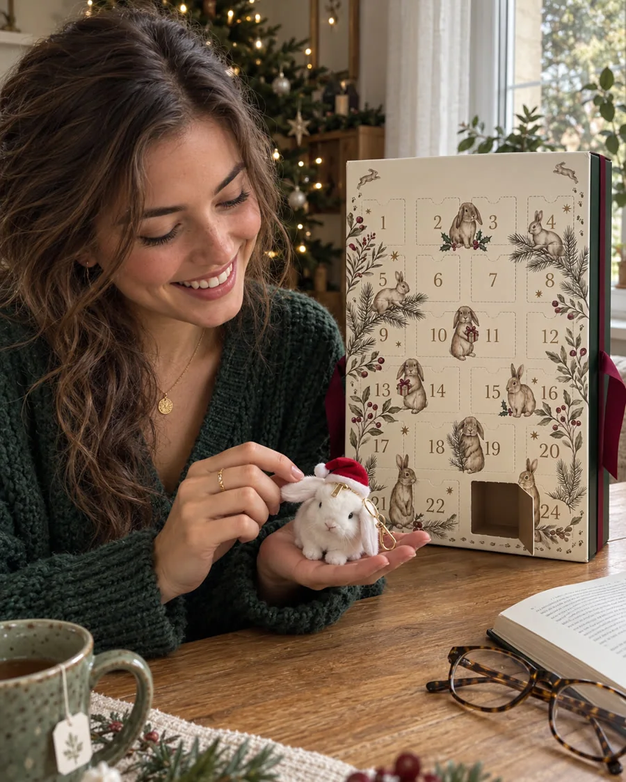 A woman holding a tiny Santa bunny at her desk