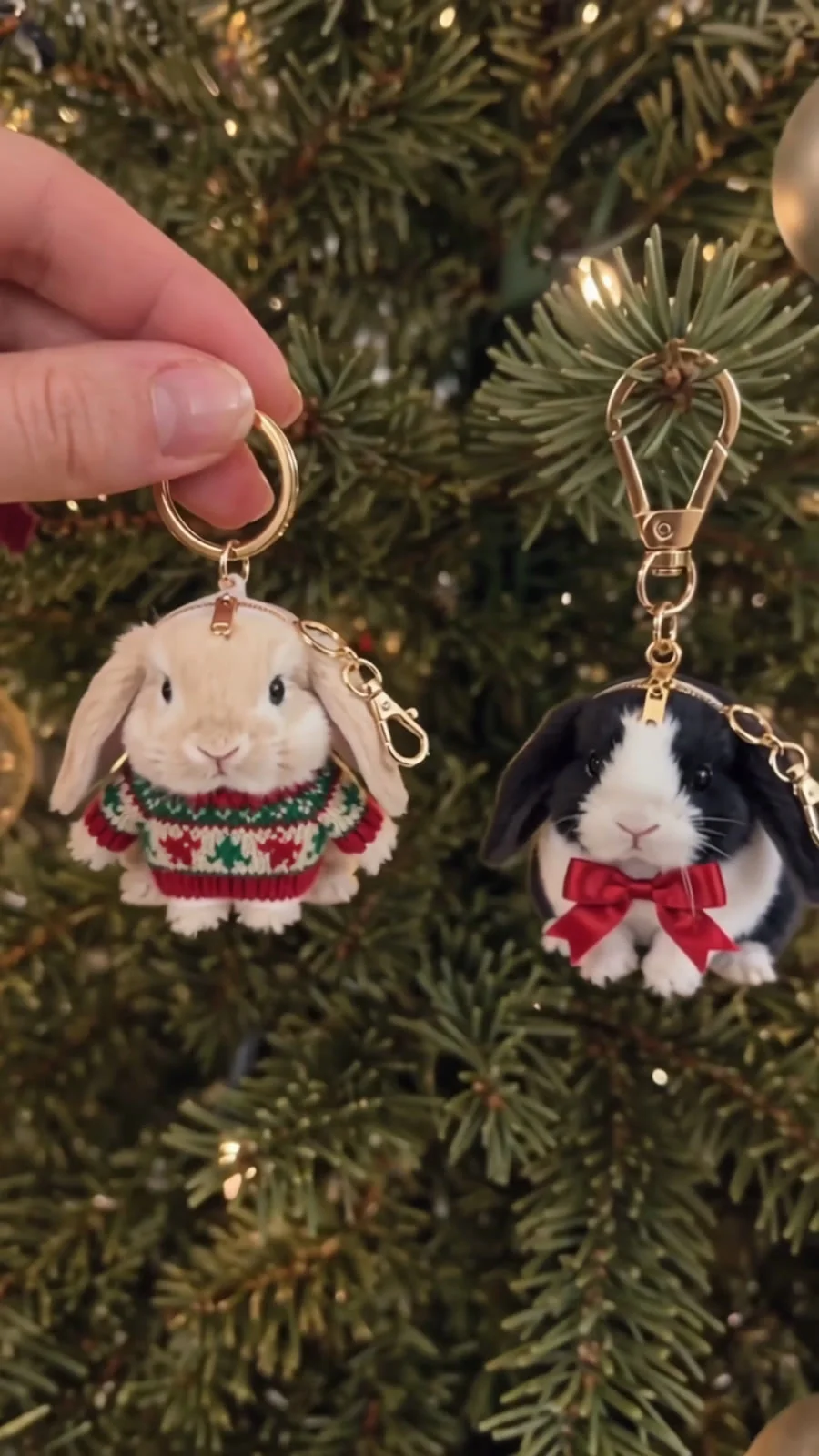 Festive bunny keychains decorating a tree