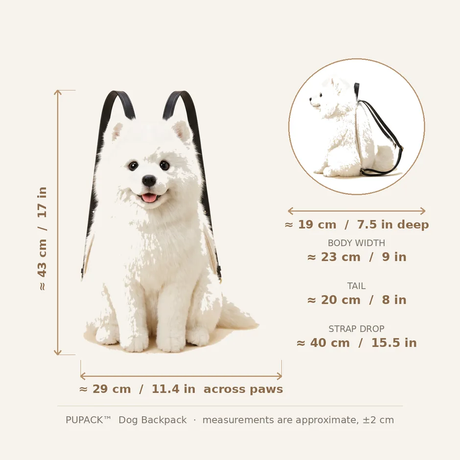 Measurement diagram: about 43 cm tall, 23 cm wide, 19 cm deep, with a 20 cm tail