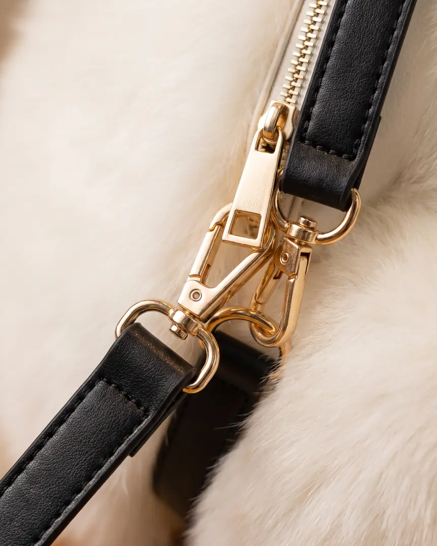 Macro of the gold-tone zipper pull and swivel clip on the faux-leather strap