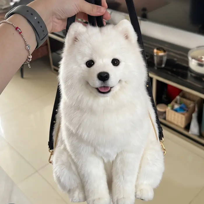 Samoyed Pupack held up by its top handles